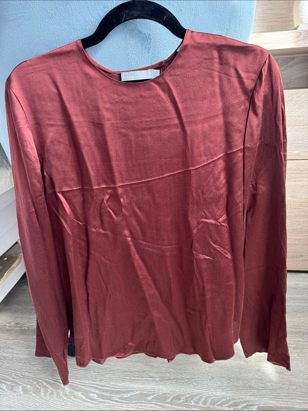 Vince Long Sleeve Satin Crewneck Top — Rust Red